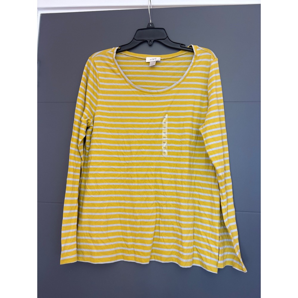 Ann Taylor LOFT Womens XL Yellow Grey Striped Long Sleeve Cotton Scoop Neck‎ Tee